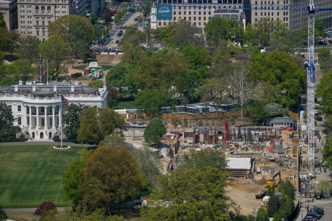 An aerial shot of the area where the East Wing of the White House used to be, 