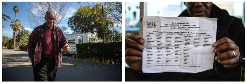 Two photos are shown side by side. On the left, a Black man walks through a mobile home park. He is wearing a red shirt with a red flannel over it and black pants, with a black belt. He has grey hair and facial hair and wears black glasses. On the right, the same man is holding up a paper, showing his schedule of classes he attends, as part of his rehabilitation program.