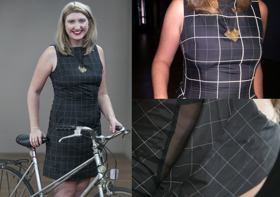 Maura Walz wears a biking dress made by Vespertine.