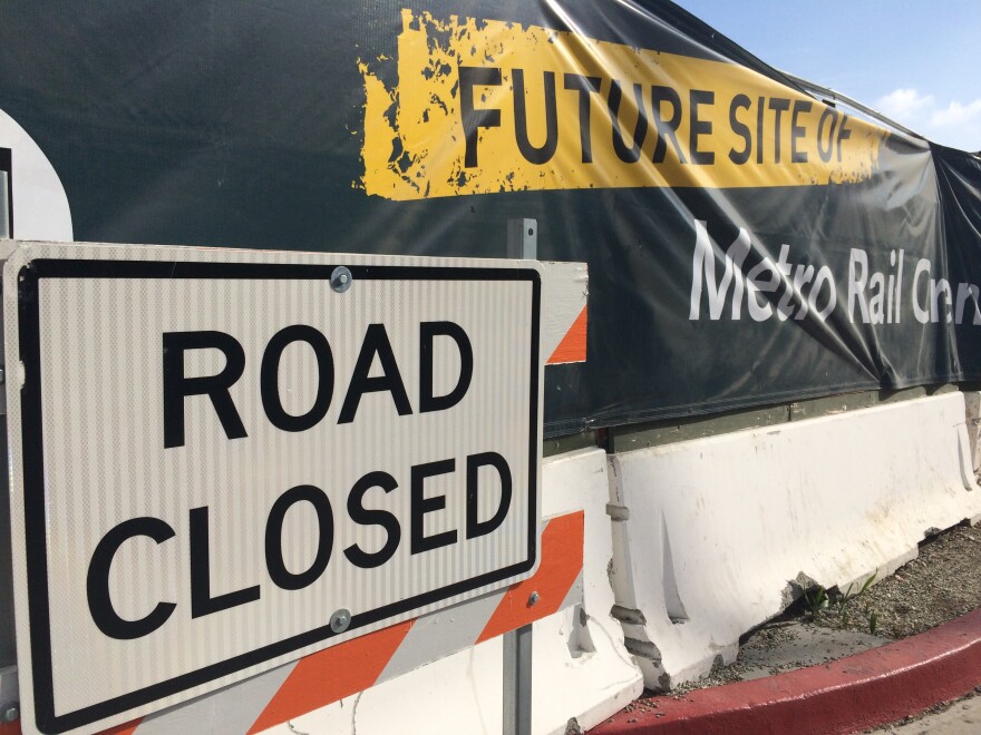 A part of the road closed near the Baldwin Hills Crenshaw Plaza in January 2016. The site will be one of the stations along the Crenshaw/LAX line, scheduled to open in 2019.