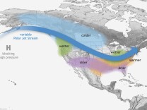 Typical impacts of La Niña on U.S. winter temperature and precipitation. Such impacts have been associated with past episodes, but all impacts aren't seen with every episode. Drawing by Fiona Martin.