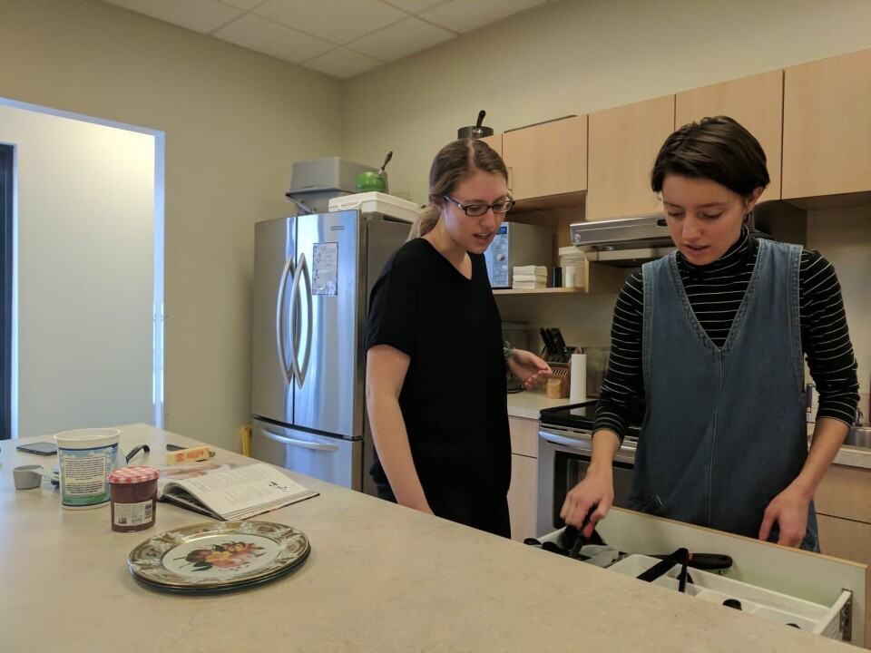Producers Sarah Platt (left) and Anna Bauman make Jacques Pepin's pancakes. 
