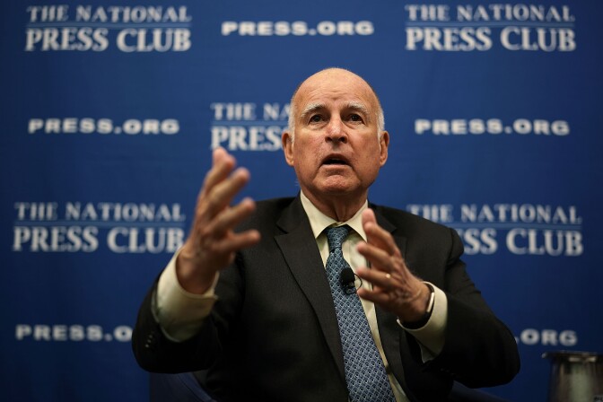 File: Gov. Jerry Brown (D-CA) speaks during an event at the National Press Club April 17, 2018 in Washington, D.C.
