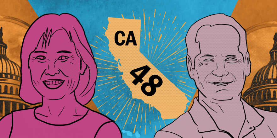 An illustration shows Orange County Supervisor Michelle Steel and Democratic incumbent Harley Rouda in front of an outline of California superimposed with the letters "C-A" and the number "48."