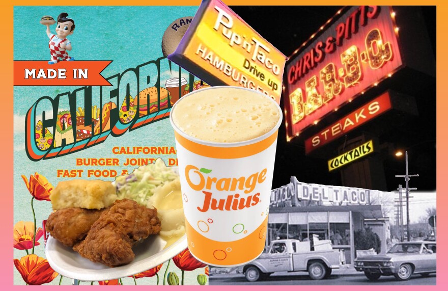 A photo montage that includes a plate of fried chicken, a cup of frothy orange liquid, a sign that reads Pup 'n Taco, a sign that reads Chis & Pitt's Bar-B-Q, a black and white photo of a pickup truck parked in front of an old Del Taco stand, and the cover of the book "Made in California," which features poppies and the Bob's Big Boy statue.