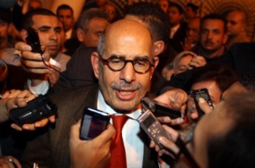 Egyptian opposition leader Mohamed ElBaradei is surrounded by reporters as he arrives at Cairo airport. 