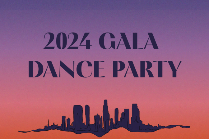 On a purple and orange ombre background, there is a silhouette of the Los Angeles cityscape. Above it reads, "2024 Gala Dance Party"
