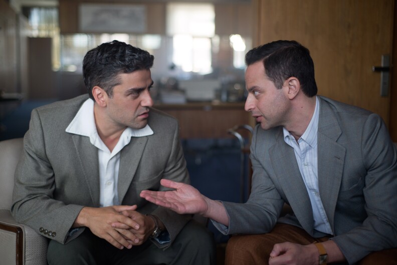 Oscar Isaac (left) stars as Peter Malkin and Nick Kroll (right) stars as Rafi Eitan in OPERATION FINALE, written by Matthew Orton and directed by Chris Weitz, a Metro Goldwyn Mayer Pictures film.
Credit: Valeria Florini / Metro Goldwyn Mayer Pictures © 2018 Metro-Goldwyn-Mayer Pictures Inc.  All Rights Reserved.