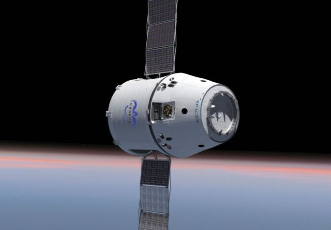 This computer generated image provided by SpaceX shows their Dragon spacecraft with solar panels deployed. The world's first private supply ship flew tantalizingly close to the International Space Station on Thursday, May 24, 2012 but did not stop, completing a critical test in advance of the actual docking scheduled for Friday, May 25, 2012. (AP Photo/SpaceX)