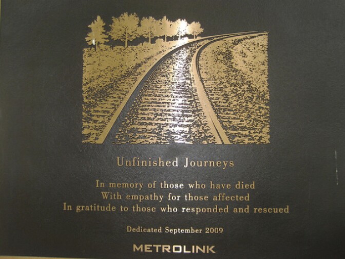 A plaque at Los Angeles' Union Station entitled "Unfinished Journeys" honors the passengers and rescuers who were affected by the Sept. 12, 2008 Metrolink crash in Chatsworth. 