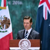 Mexican President Enrique Pena Nieto delivers a speech during the welcoming ceremony in honour of Australian Governor-General Sir Peter Cosgrove (out of frame) at the National Palace in Mexico City.