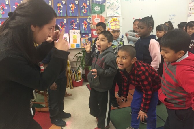 Teacher Maria Ortega uses an arts integration technique with her kindergarteners to help reinforce vocabulary.