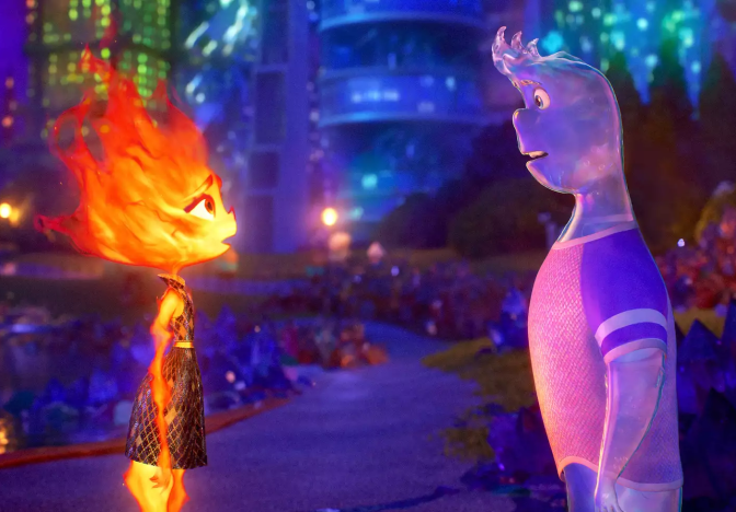 Two abstract beings stand face to face in a dark rocky landscape with skyscrapers in the background. On left stands an orange humanoid seemingly made of flames. She wears a black dress made of segmented diamonds. On the left stands a purple humanoid that is more amorphis and blob-like in shape, almost consisting of jelly. He wears a purple jersey.