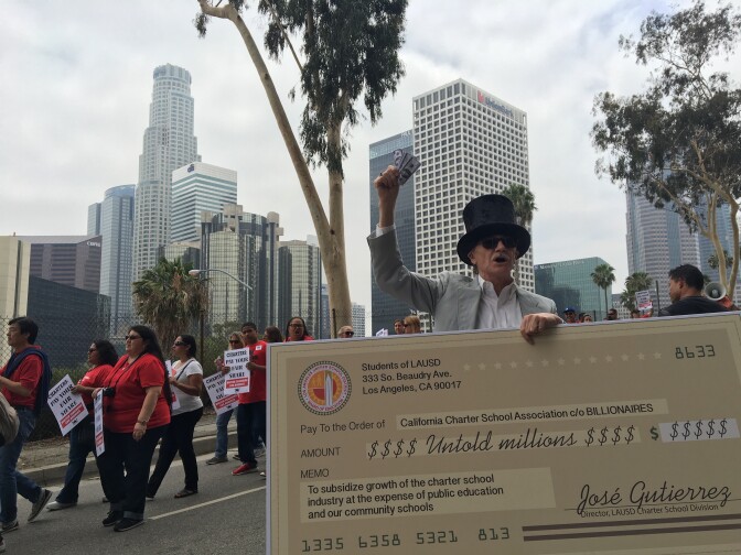 Members of United Teachers Los Angeles — the union representing Los Angeles Unified School District teachers — hold a protest outside district headquarters on June 14, 2016.