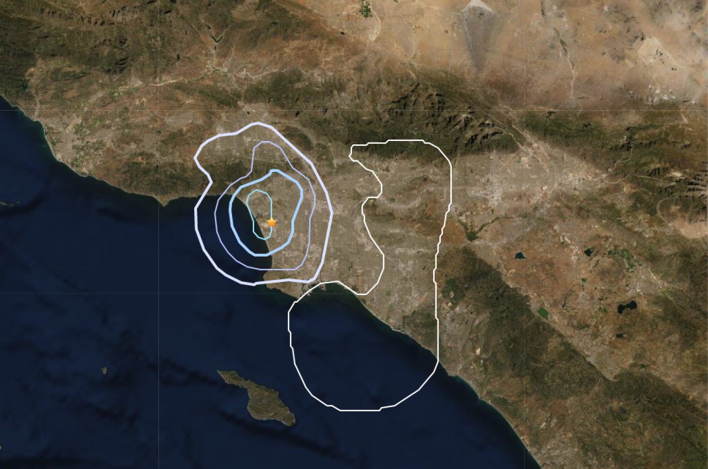 An aerial view of Southern California shows Wednesday's quake location with a gold star and outlines indicating where it was felt.