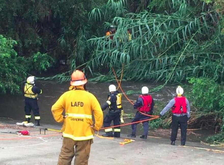 Los Angeles Fire Department swift water rescue team members work to remove two people stranded in a tree above the Los Angeles River in Elysian Park as heavy rain fell in the area on Tuesday, Sept. 15.