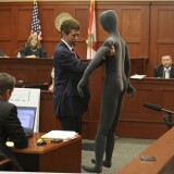 SANFORD, FL - JULY 10:  Defense attorney Mark O'Mara (2nd R) uses a foam dummy to describe the altercation between George Zimmerman and Trayvon Martin to defense witness and law enforcement expert Dennis Root (R) during Zimmerman's murder trial in Semimole circuit court July 10, 2013 in Sanford, Florida. Zimmerman has been charged with second-degree murder for the 2012 shooting death of Trayvon Martin. (Photo by Gary W. Green-Pool/Getty Images)