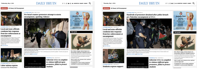 A screenshot of two news website homepages, side-by-side.