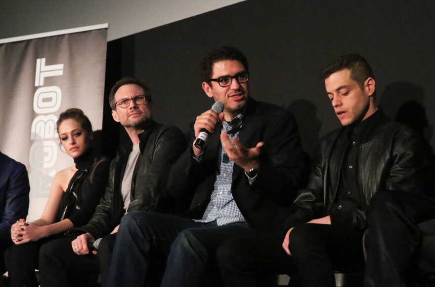 NEW YORK, NY - APRIL 26:  (L-R) Carly Chaikin, Christian Slater, Sam Esmail and Rami Malek attend Tribeca Talks After The Movie: Mr. Robot during the 2015 Tribeca Film Festival at Chelsea Bow Tie Cinemas on April 26, 2015 in New York City.  (Photo by Rob Kim/Getty Images for the 2015 Tribeca Film Festival)
