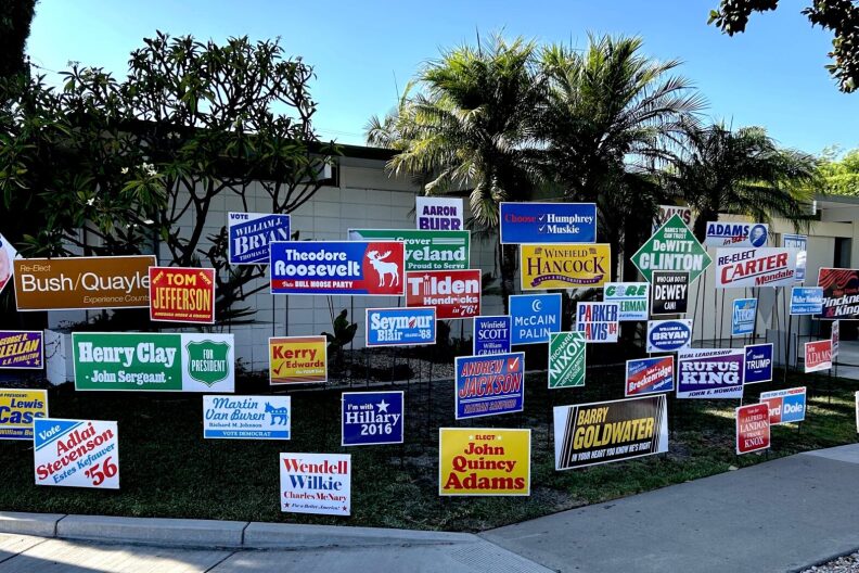 Nina Katchadourian's "Monument to the Unelected" art installation. It features campaign lawn signs of many past elections.