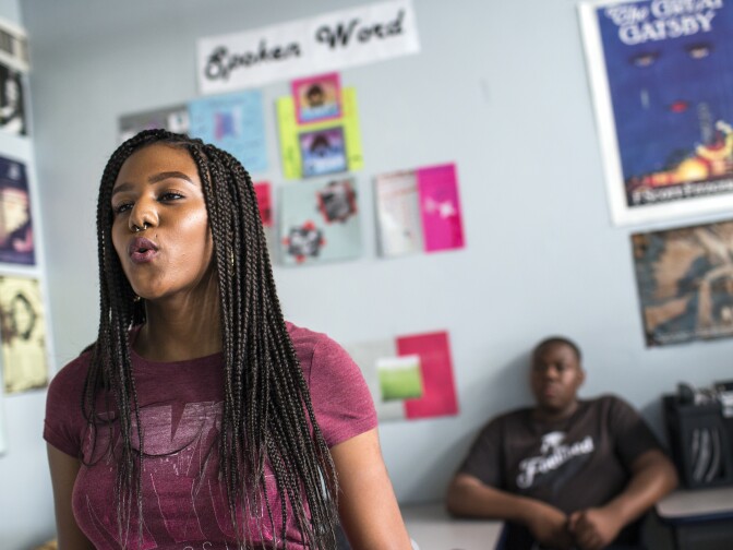 Senior Keithayonna Davis recites her poem, "Welcome Home," during a rehearsal for the semifinals and finals of the Get Lit Classic Slam poetry competition at College Bridge Academy in Watts on Tuesday afternoon, April 19, 2016. Davis' poem is a response to "Home" by Warsan Shire. 