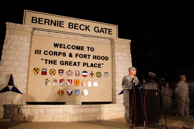 General Mark Milley, III Corps and Fort Hood Commanding General, speaks to media during a press conference about a shooting that occurred earlier in the day at Fort Hood Military Base on April 2, 2014 in Fort Hood, Texas.  Milley confirmed that four people were dead in the shooting, including the gunman himself. 