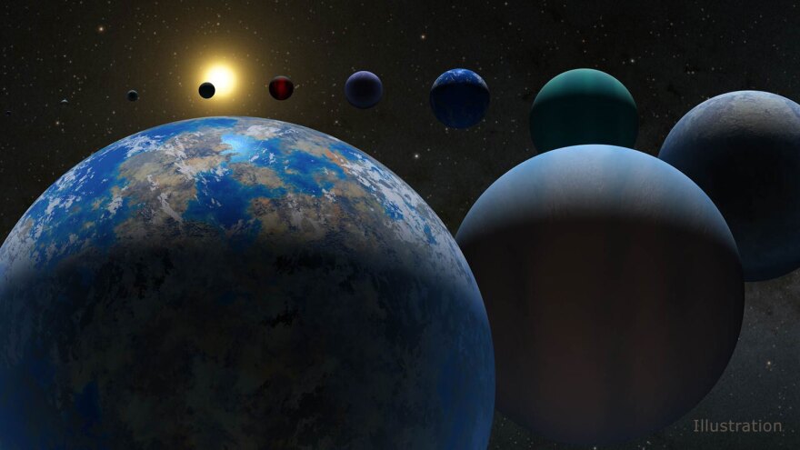 A computer-generated image depicts a big blue and brown planet in space that looks like Earth in the foreground, with an arc of multicolored planets stretching out into space, a blazing yellow sun in the distance.