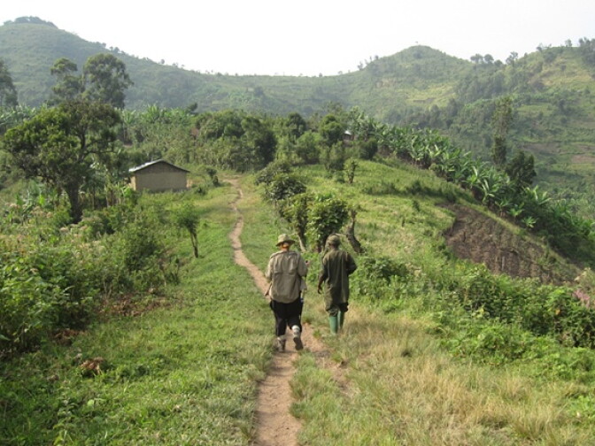 Elisa and her guide make their way towards the jungles of Uganda.                                