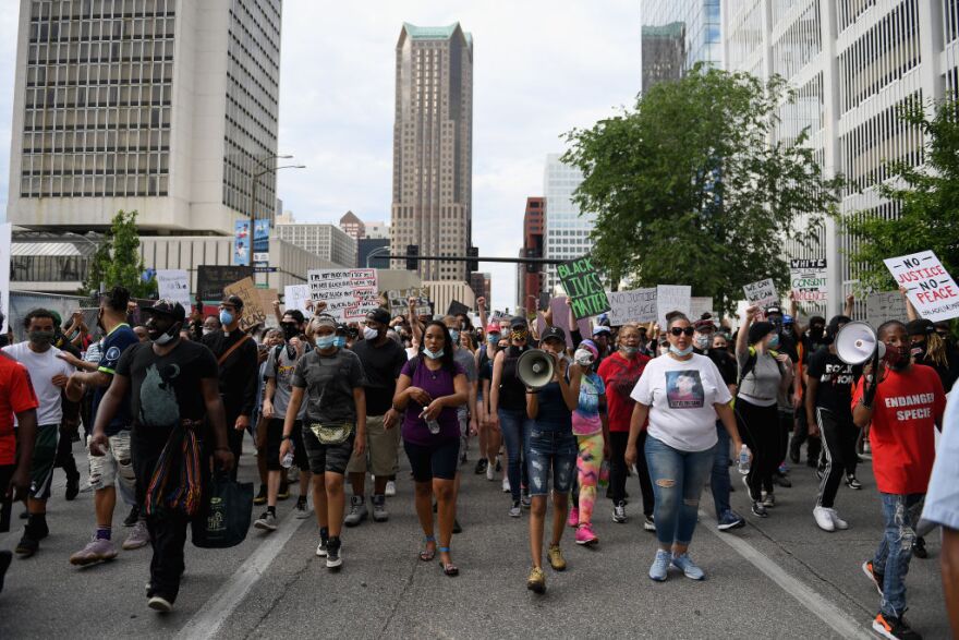 ST LOUIS, MO - JUNE 01: Protesters demonstrate against police brutality and the death of George Floyd through downtown St. Louis on June 1, 2020 in St Louis, Missouri.  Protests continue to be held in cities throughout the country over the death of George Floyd, a black man who died while in police custody in Minneapolis on May 25.  (Photo by Michael B. Thomas/Getty Images)