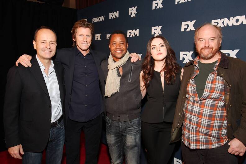 NEW YORK - APRIL 22: (L-R) CEO, FX Networks & FX Productions, John Landgraf, Denis Leary, Cuba Gooding Jr., Liz Gillies, and Louis C.K. attend the FX Networks Upfront Bowling Party at Lucky Strike on April 22, 2015 in New York City. (Photo by Carol Seitz/PictureGroup/FX)