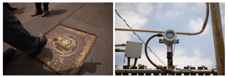 Two photos are side by side. On the left is a groundwater monitoring well at Phibro-Tech Inc. in Santa Fe Spring. On the right is an air quality monitor on a fence line at Phibro-Tech Inc. in Santa Fe Spring.
