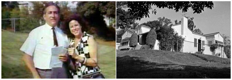 A couple poses on a grassy lawn at left. Right, a Spanish style home.