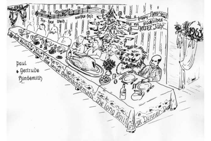 Christmas card drawn by Paul Hindemith on the theme of "The Long Christmas Dinner"