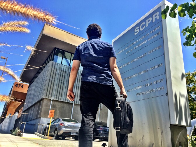 Off-Ramp's last producer, Chris Greenspon, arriving at work. (Image: John Rabe)