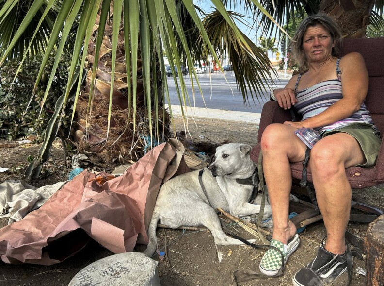 A light skinned blonde woman is seating in a red chair, wearing a tank top, shorts, and two pairs of sneakers. Next to her is a white dog and a palm tree, they're on a main street, and the ground has trash.