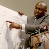 ST LOUIS, MO - AUGUST 18:  Family attorney for Michael Brown, Daryl Parks, points to an autopsy diagram showing where the gun shots hit Michael Brown during a press conference at  the Greater St. Marks Family Church on August 18, 2014 in Ferguson, Missouri. Unarmed teenager Michael Brown was shot and killed by a Ferguson police officer on August 9th.  (Photo by Joe Raedle/Getty Images)