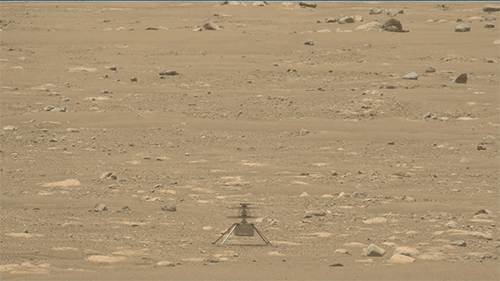The Mars helicopter Ingenuity takes off on a test flight.