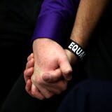 A same-sex couple hold hands during a sit-in protest when same-sex couples were denied marriage licenses from the San Francisco county clerk on February 14, 2011 in San Francisco, California.  A ruling is expected today from the Ninth U.S. Circuit Court of Appeals as to whether Proposition 8, the 2008 initiative that reinstated a ban on gay and lesbian marriages in the state, is constitutional.
