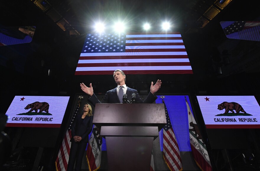 LOS ANGELES, CA - NOVEMBER 06: Democratic gubernatorial candidate Gavin Newsom speaks during election night event on November 6, 2018 in Los Angeles, California.  Newsom defeated Republican Gubernatorial candidate John Cox. (Photo by Kevork Djansezian/Getty Images)