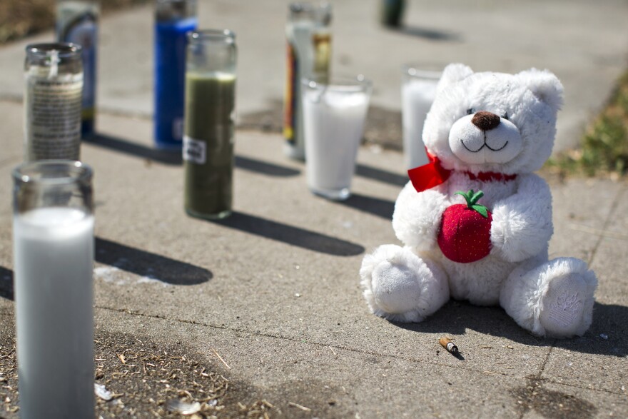 A memorial for 26-year-old Ezell Ford stands on the 200 block of West 65th Street on Thursday morning, August 14, where Ford was fatally shot on Monday by Los Angeles Police.