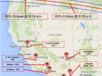 This map from the California Independent System Operator shows the path of the Aug. 21, 2017 total eclipse and the amount of sun that will be blocked at various solar power generation locations.