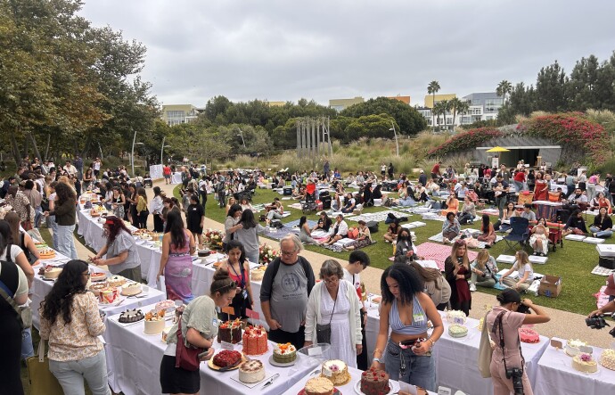 The photo depicts a lively outdoor community event centered around cakes and desserts.
