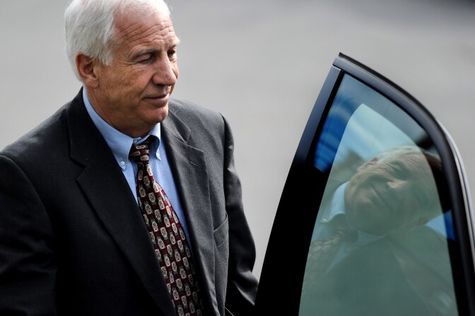 Former Penn State assistant football coach Jerry Sandusky leaves the Centre County Courthouse after jury selection began in his child sex abuse trial on June 5, 2012 in Bellefonte, Pennsylvania. Sandusky is charged with 52 criminal counts of alleged sexual abuse of children. 