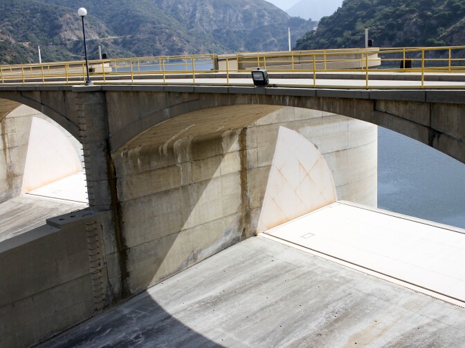 The Morris Dam spillway in Los Angeles County, California on June 7, 2017. The spillway, shown here, is a feature of the dam that is utilized to control excessive water levels in the reservoir.