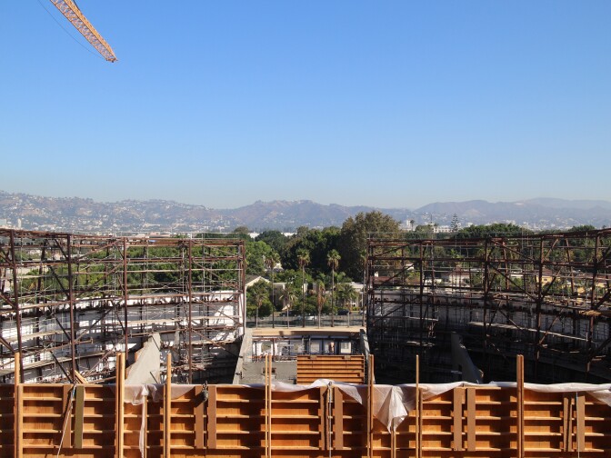 View of the construction of the sphere at the Academy Museum of Motion Pictures.