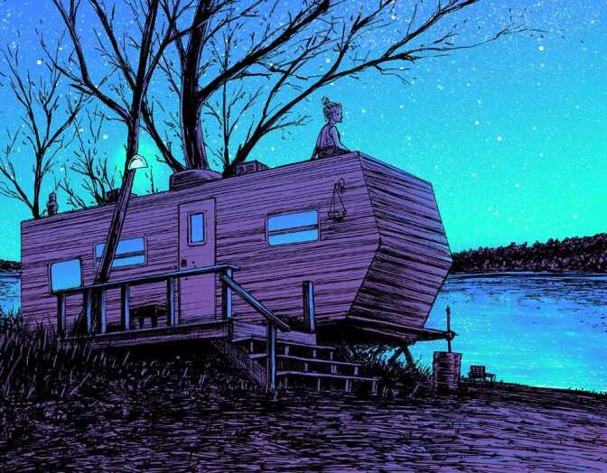 An illustrated poster from the TV show Ozark with little girl sitting on top of a trailer.