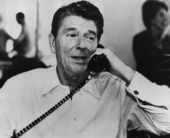 President Ronald Reagan speaking on the phone as he tries to drum up support for his budget proposals as his votes trail in the election, Los Angeles, CA, 1981. (Photo by Keystone/Hulton Archive/Getty Images)
