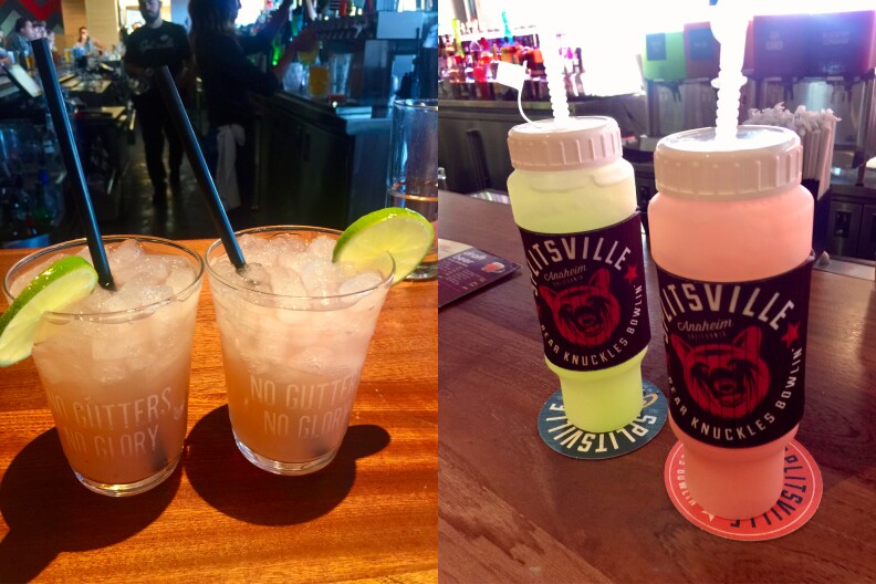 On the left are two cocktails, a Tokyo Tea and a Pink Paloma, .served in glasses and garnished with lime, or, as seen on the right, served up as portable drinks in 22-ounce tumblers.