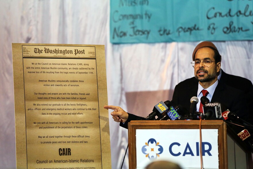 JERSEY CITY, NJ - DECEMBER 03:  Nihad Awad, National Executive Director of the Council on American-Islamic Relations (CAIR) joins other community religious and political leaders at a news conference to address recent issues involving the New Jersey Muslim community on December 3, 2015 in Jersey City, New Jersey. Members of the group and others voiced their concerns over Republican presidential candidate Donald Trump's recent remarks  that some Muslims had celebrated the September 11 terrorist attacks.  (Photo by Spencer Platt/Getty Images)