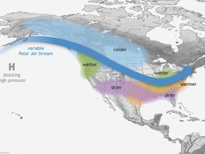 Typical impacts of La Niña on U.S. winter temperature and precipitation. Such impacts have been associated with past episodes, but all impacts aren't seen with every episode. Drawing by Fiona Martin.